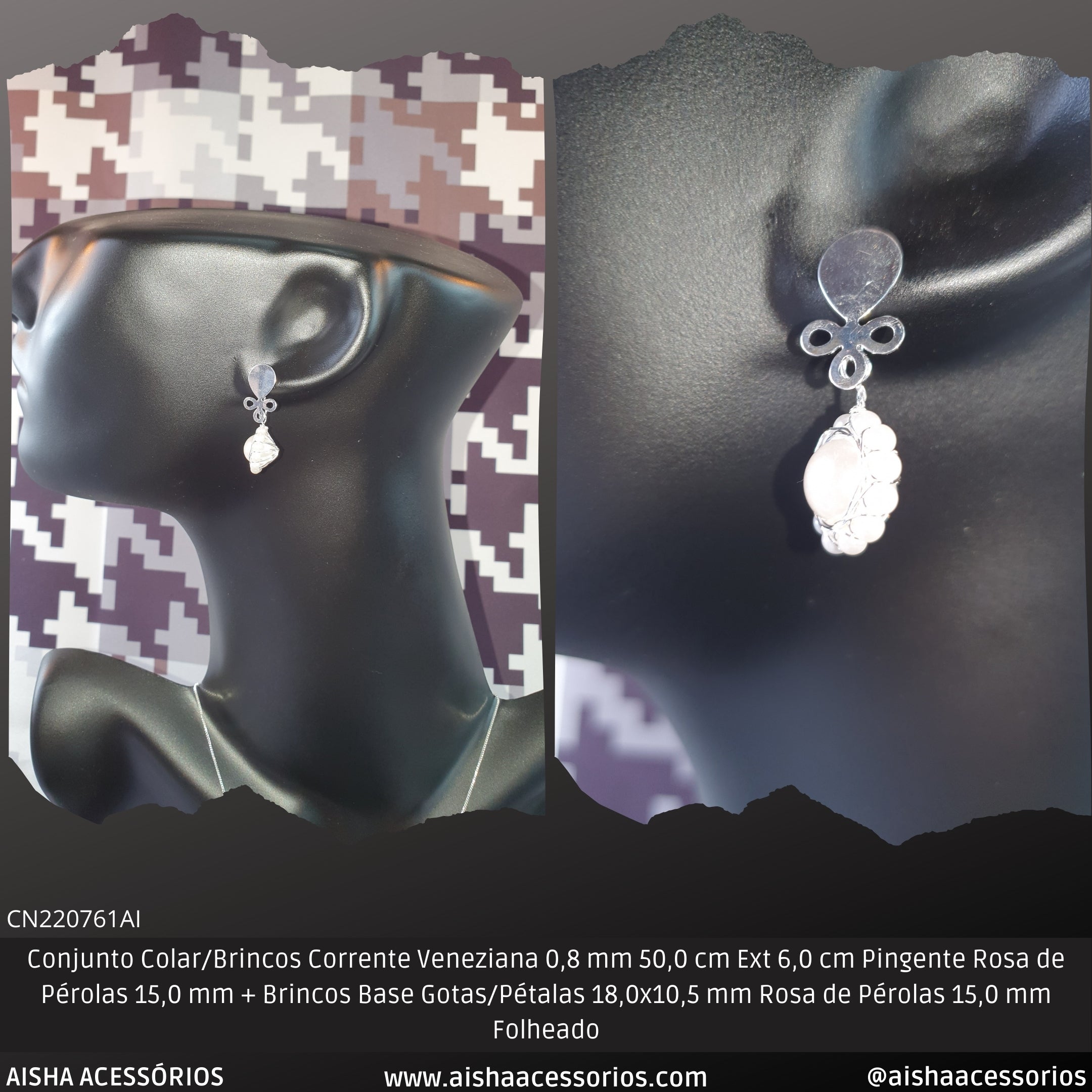 Conjunto Colar/Brincos Corrente Veneziana 0.8 mm 50.0 cm Ext 6.0 cm Pingente Rosa de Pérolas 15.0 mm + Brincos Base Gotas/Pétalas 18.0x10.5 mm Rosa de Pérolas 15.0 mm Folheado