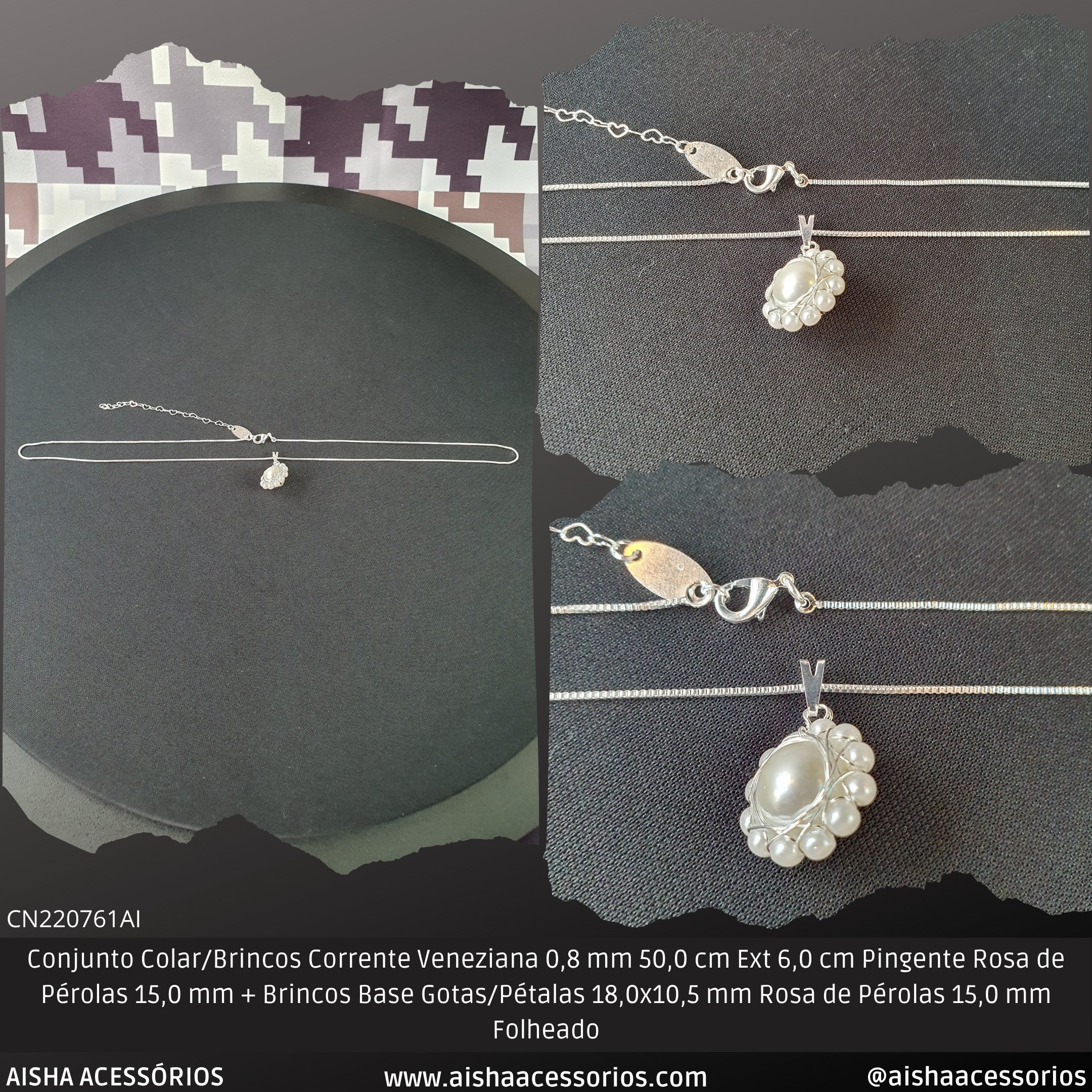 Conjunto Colar/Brincos Corrente Veneziana 0.8 mm 50.0 cm Ext 6.0 cm Pingente Rosa de Pérolas 15.0 mm + Brincos Base Gotas/Pétalas 18.0x10.5 mm Rosa de Pérolas 15.0 mm Folheado