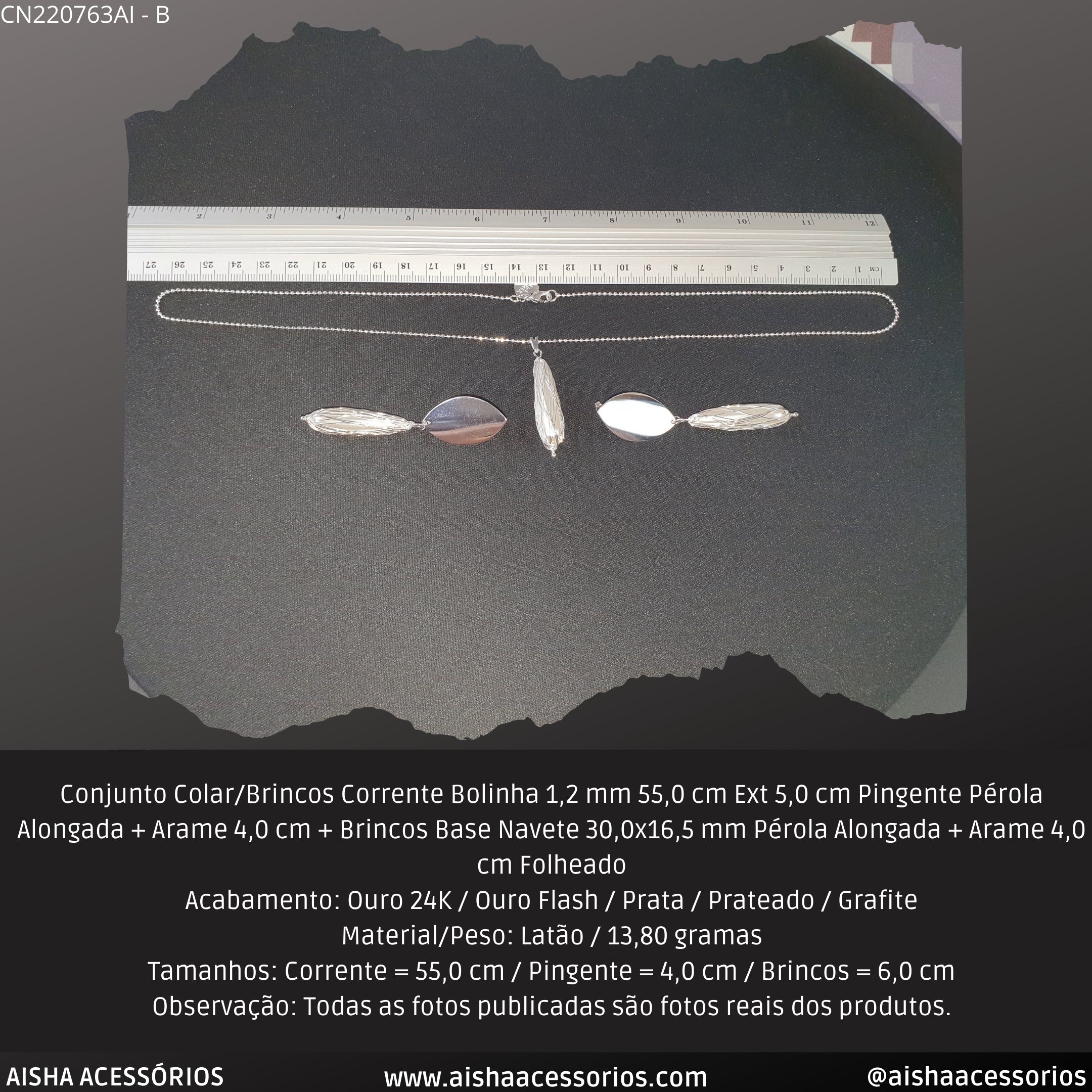 Conjunto Colar/Brincos Corrente Bolinha 1.2 mm 55.0 cm Ext 5.0 cm Pingente Pérola Alongada + Arame 4.0 cm + Brincos Base Navete 30.0x16.5 mm Pérola Alongada + Arame 4.0 cm Folheado