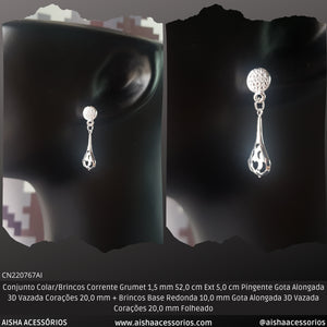 Conjunto Colar/Brincos Corrente Grumet 1.5 mm 52.0 cm Ext 5.0 cm Pingente Gota Alongada 3D Vazada Corações 20.0 mm + Brincos Base Redonda 10.0 mm Gota Alongada 3D Vazada Corações 20.0 mm Folheado