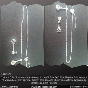 Conjunto Colar/Brincos Corrente Grumet 1.5 mm 52.0 cm Ext 5.0 cm Pingente Gota Alongada 3D Vazada Corações 20.0 mm + Brincos Base Redonda 10.0 mm Gota Alongada 3D Vazada Corações 20.0 mm Folheado