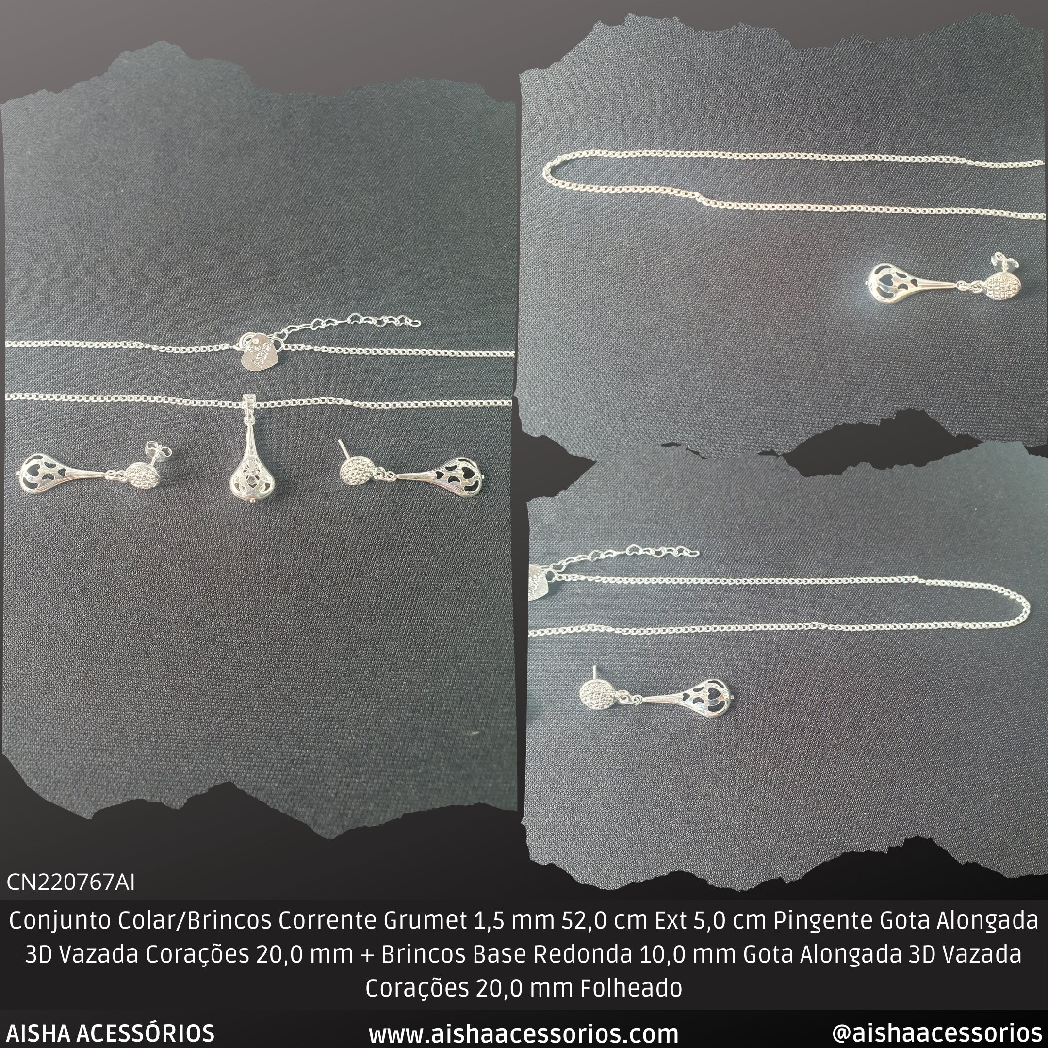 Conjunto Colar/Brincos Corrente Grumet 1.5 mm 52.0 cm Ext 5.0 cm Pingente Gota Alongada 3D Vazada Corações 20.0 mm + Brincos Base Redonda 10.0 mm Gota Alongada 3D Vazada Corações 20.0 mm Folheado