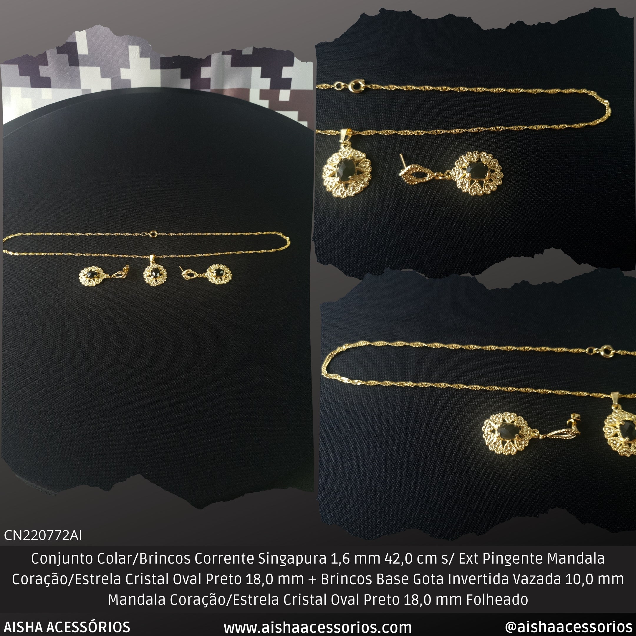 Conjunto Colar/Brincos Corrente Singapura 1.6 mm 42.0 cm s/ Ext Pingente Mandala Coração/Estrela Cristal Oval Preto 18.0 mm + Brincos Base Gota Invertida Vazada 10.0 mm Mandala Coração/Estrela Cristal Oval Preto 18.0 mm Folheado