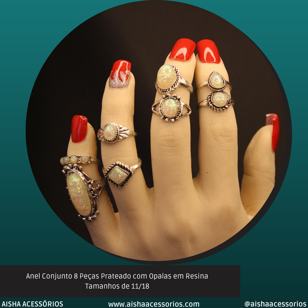 Anel Conjunto 8 Peças Prateado com Opalas  11/18