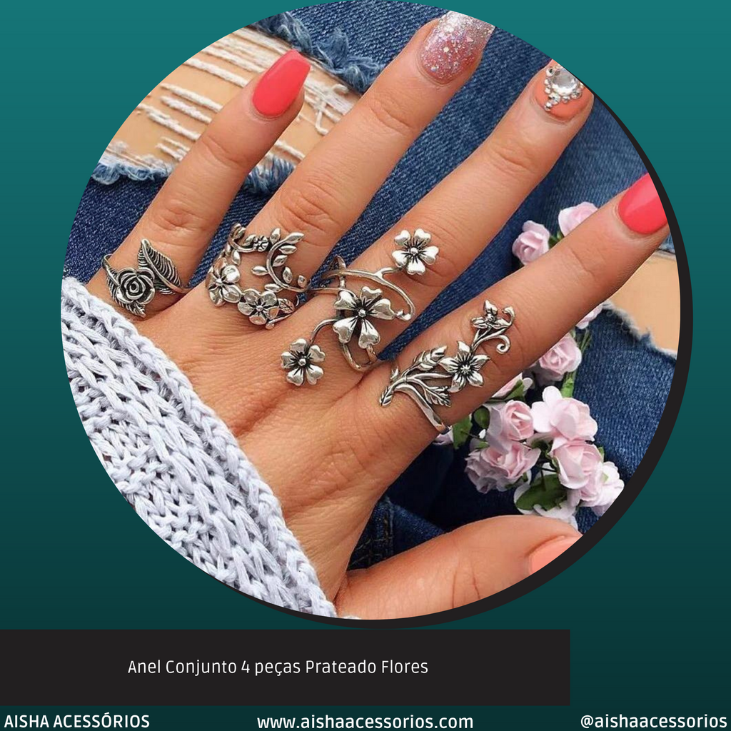 Anel Conjunto 4 peças Prateado Flores