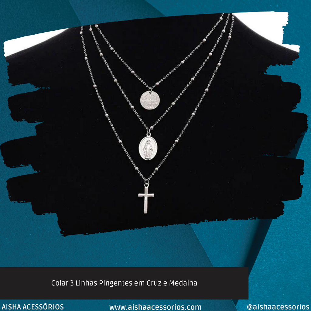 Colar 3 Linhas Pingentes em Cruz e Medalha