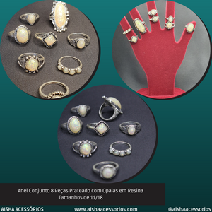 Anel Conjunto 8 Peças Prateado com Opalas  11/18