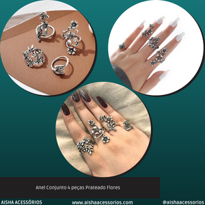 Anel Conjunto 4 peças Prateado Flores