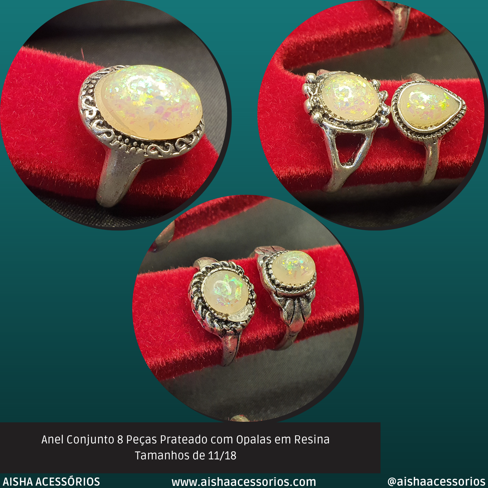 Anel Conjunto 8 Peças Prateado com Opalas  11/18