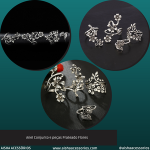 Anel Conjunto 4 peças Prateado Flores