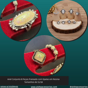 Anel Conjunto 8 Peças Prateado com Opalas  11/18