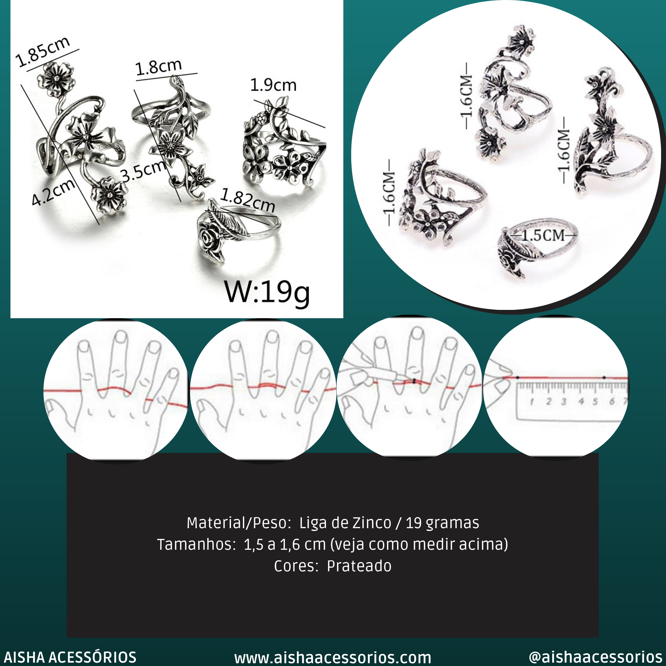 Anel Conjunto 4 peças Prateado Flores