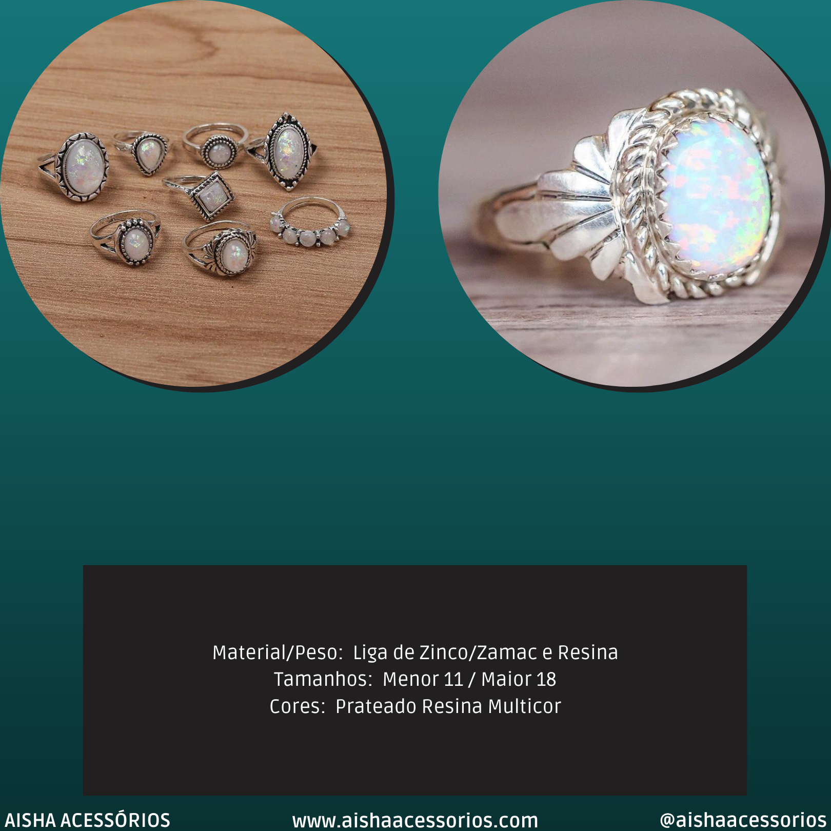 Anel Conjunto 8 Peças Prateado com Opalas  11/18
