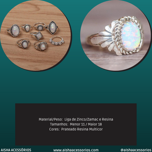 Anel Conjunto 8 Peças Prateado com Opalas  11/18