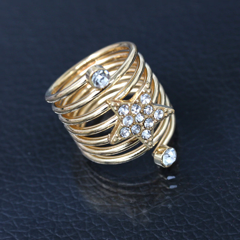 Anel Dourado 7 Linhas Estrela Strass Ajustável