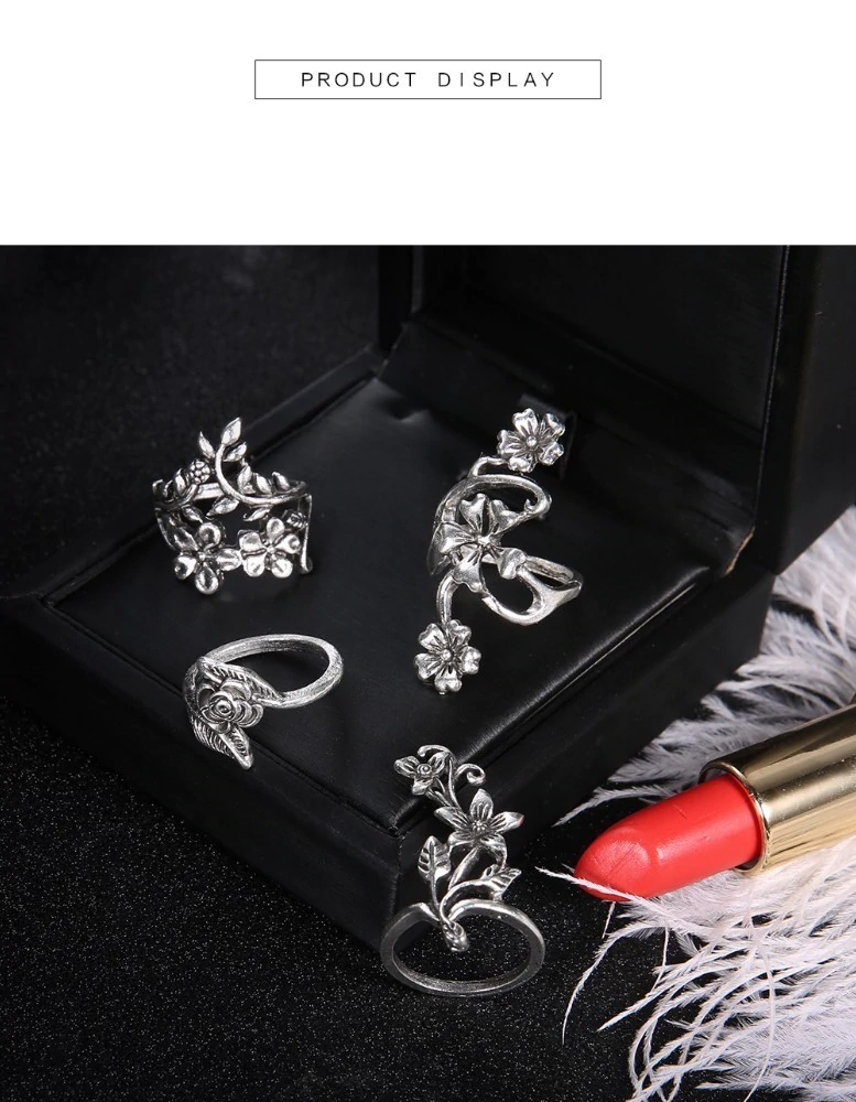 Anel Conjunto 4 peças Prateado Flores