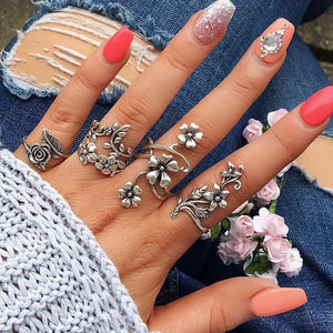 Anel Conjunto 4 peças Prateado Flores