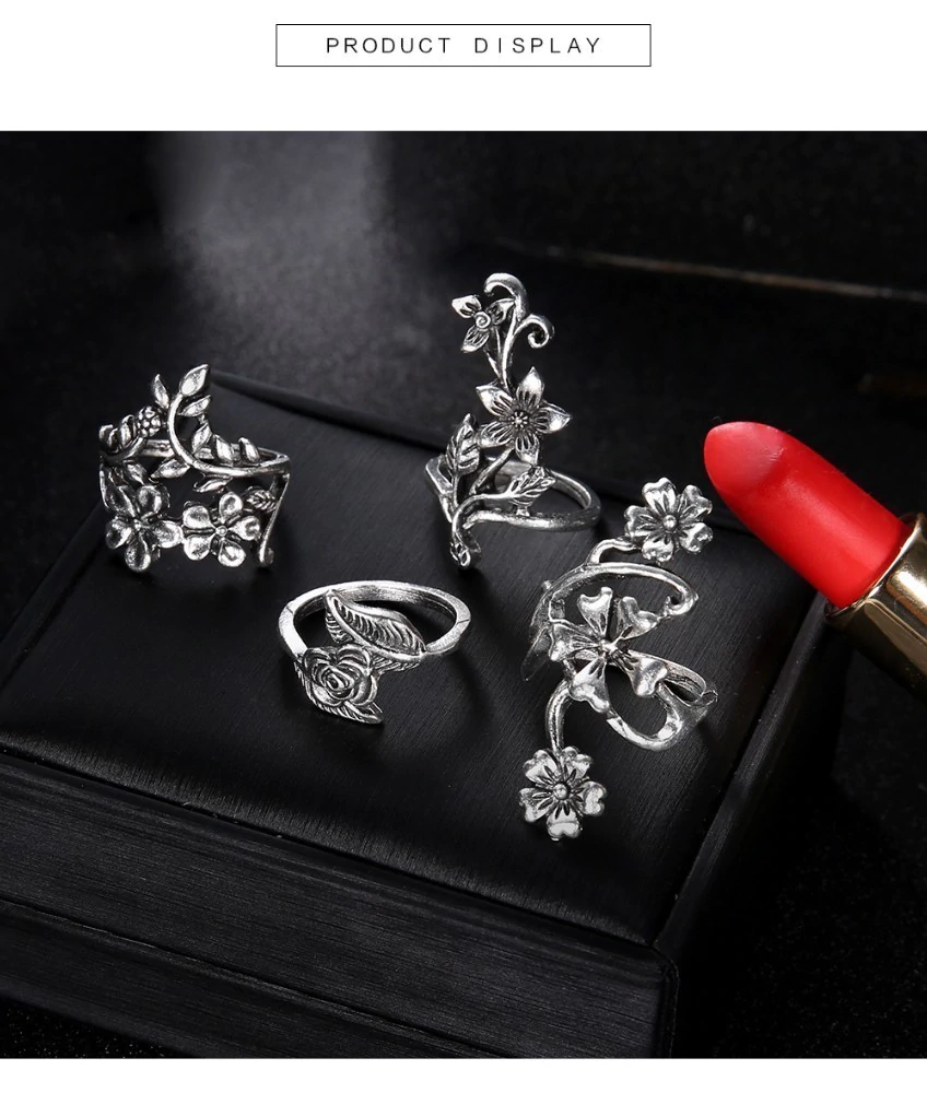 Anel Conjunto 4 peças Prateado Flores