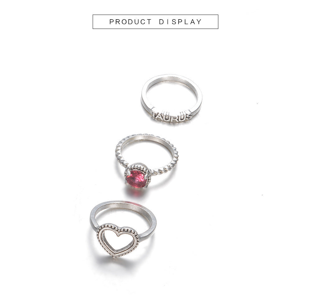 Anel Conjunto 3 Peças Prateado Cristal Vermelho Aro 13,14,15