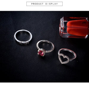 Anel Conjunto 3 Peças Prateado Cristal Vermelho Aro 13,14,15