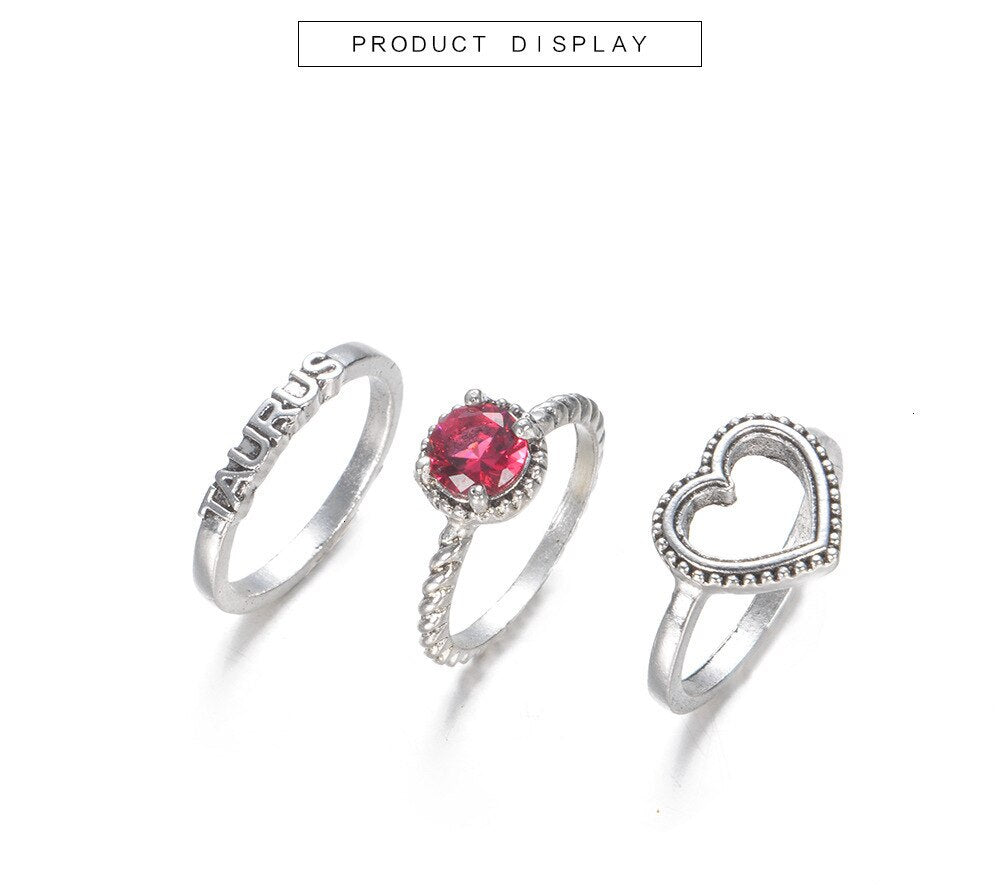 Anel Conjunto 3 Peças Prateado Cristal Vermelho Aro 13,14,15