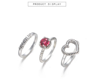 Anel Conjunto 3 Peças Prateado Cristal Vermelho Aro 13,14,15
