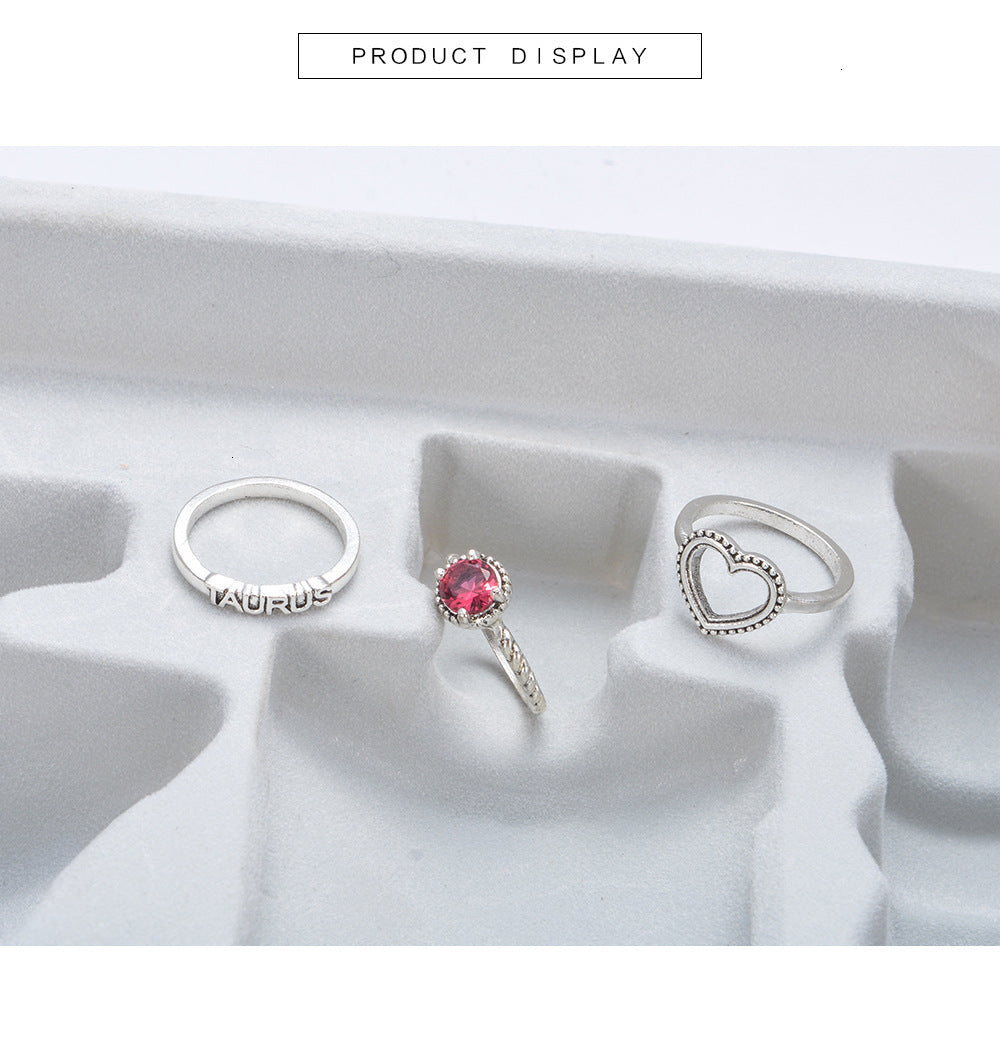 Anel Conjunto 3 Peças Prateado Cristal Vermelho Aro 13,14,15