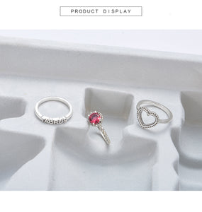 Anel Conjunto 3 Peças Prateado Cristal Vermelho Aro 13,14,15