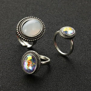 Anel Conjunto 3 Peças Prateado Resina Opala Prateado