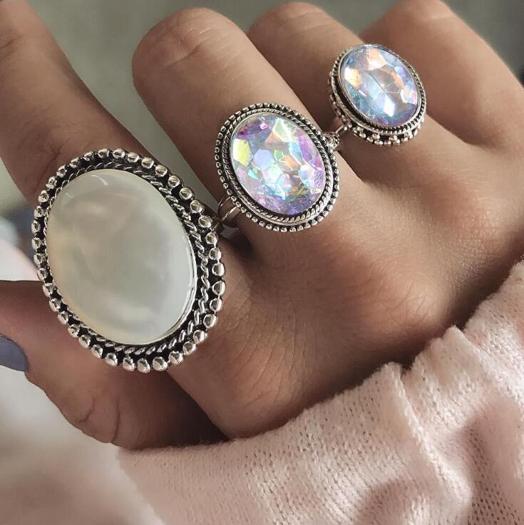 Anel Conjunto 3 Peças Prateado Resina Opala Prateado