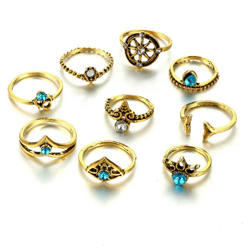 Anel Conjunto 9 Peças Dourado Vintage