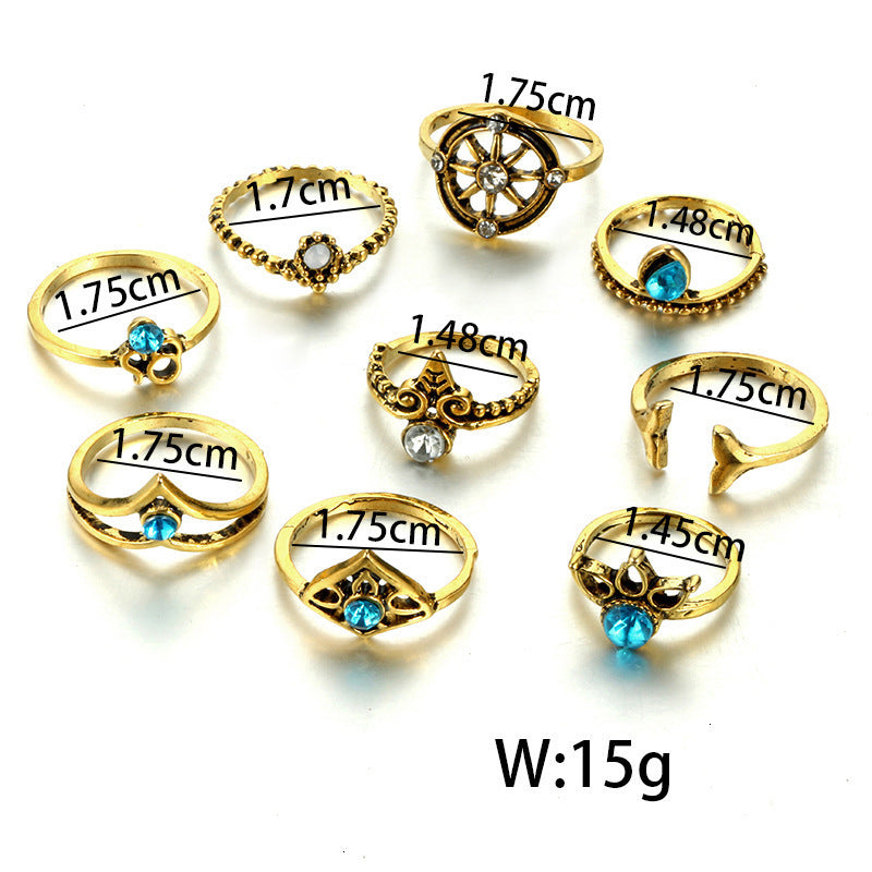 Anel Conjunto 9 Peças Dourado Vintage