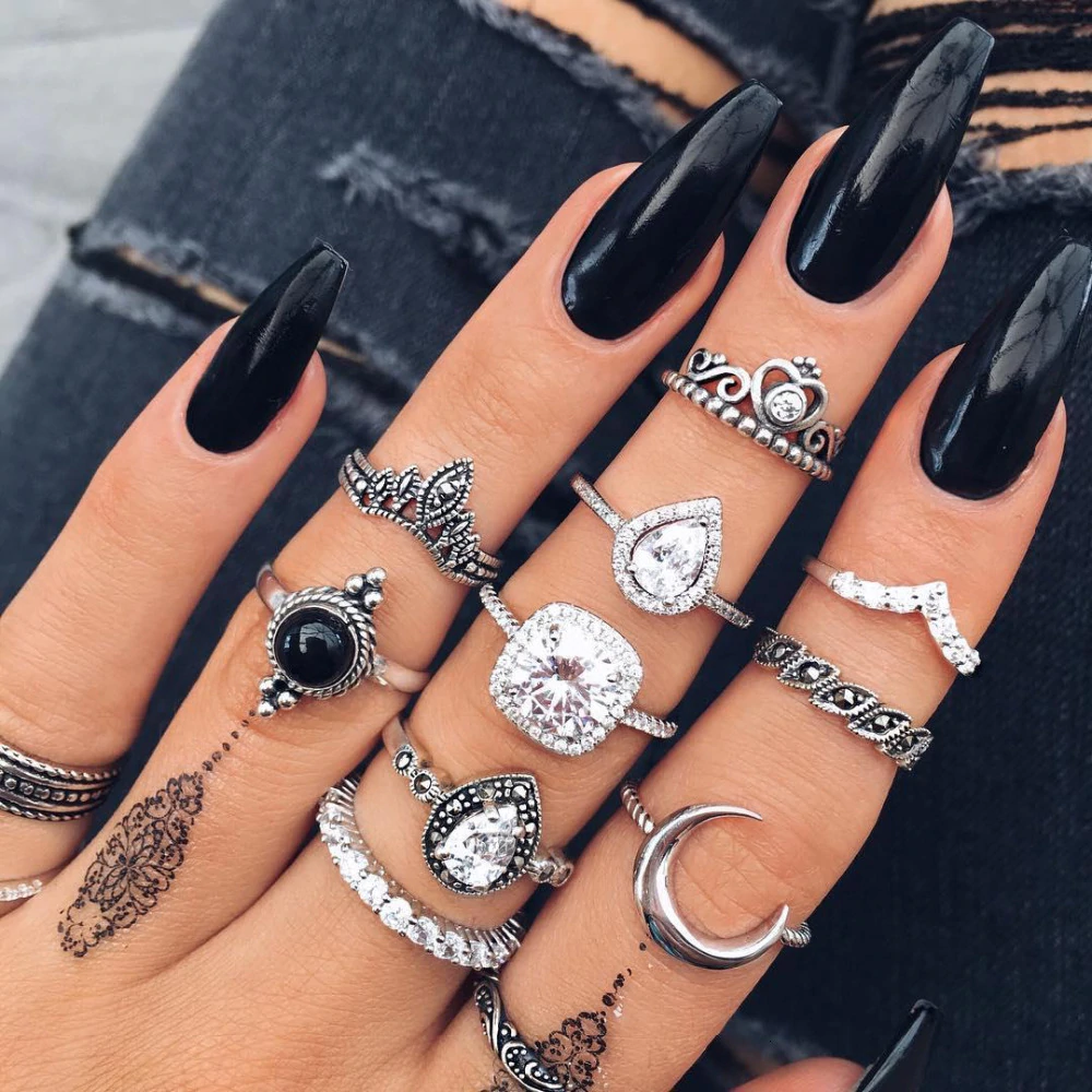 Anel Conjunto 11 Peças Prateado Vintage Cristal Preto