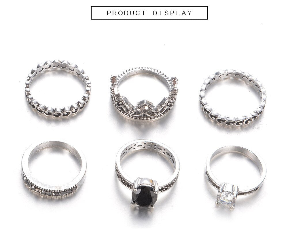 Anel Conjunto 6 Peças Prateado Vintage