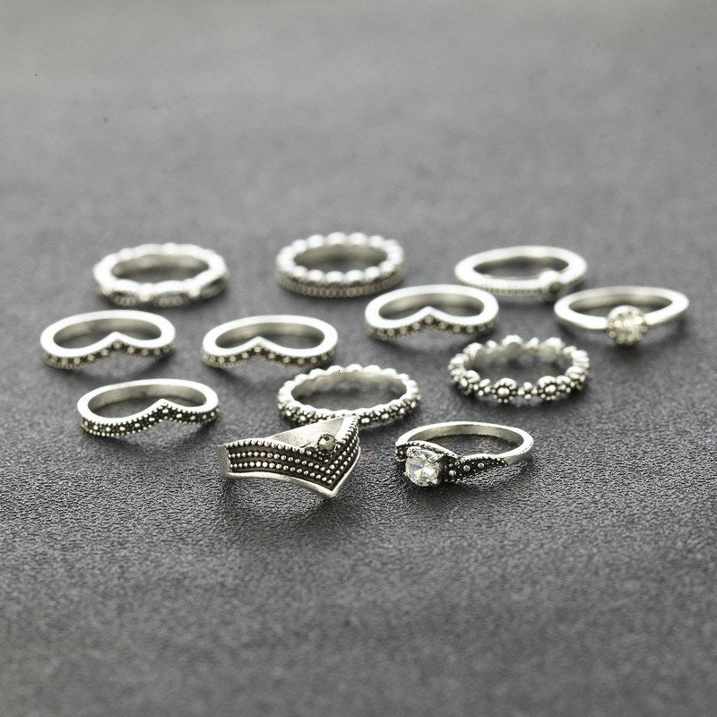 Anel Conjunto 12 Peças Prateado Punk Cristal Branco
