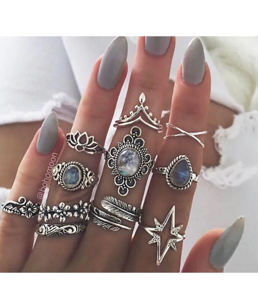 Anel Conjunto 11 Peças Prateado Vintage Cristal