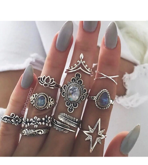 Anel Conjunto 11 Peças Prateado Vintage Cristal