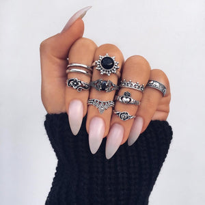 Anel Conjunto 9 Peças Prateado Vintage Cristal Preto