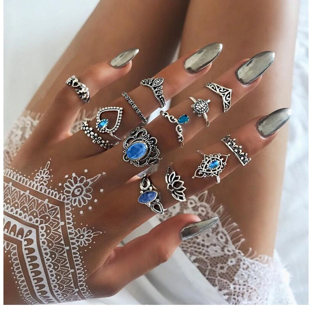 Anel Conjunto 13 Peças Prateado Vintage Cristal Azul