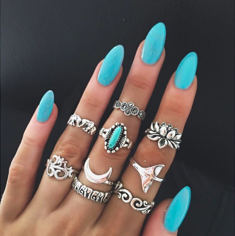 Anel Conjunto 9 Peças Prateado Vintage Cristal Azul