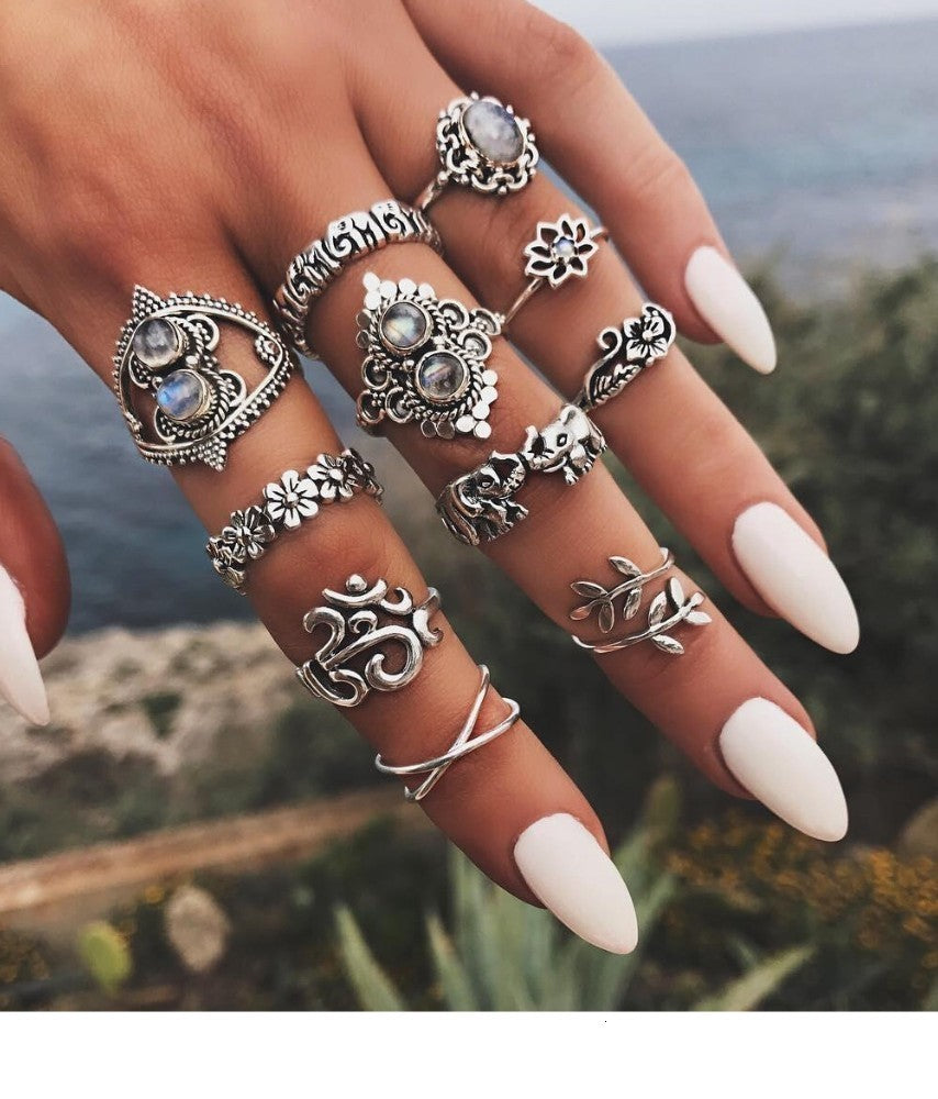 Anel Conjunto 11 Peças Prateado Vintage Cristal Azul
