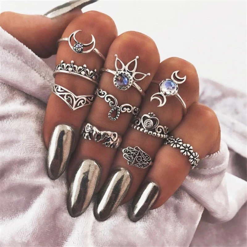 Anel Conjunto 10 Peças Prateado Vintage Cristal Azul