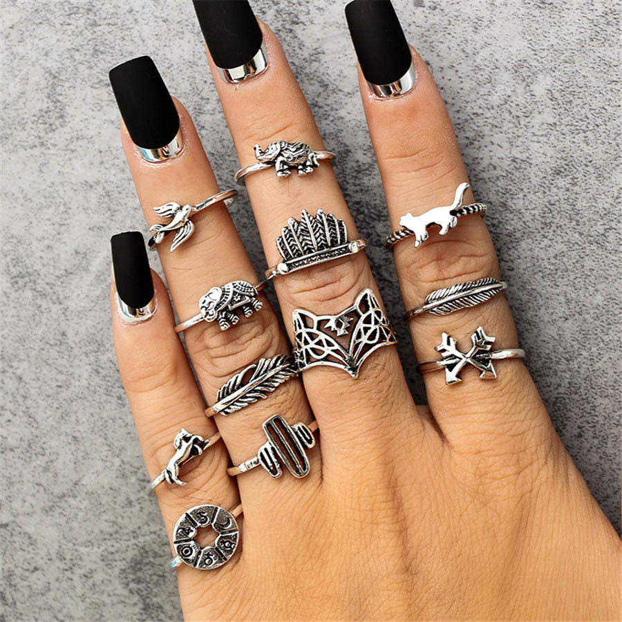Anel Conjunto 12 Peças Prateado Vintage Diversas Formas