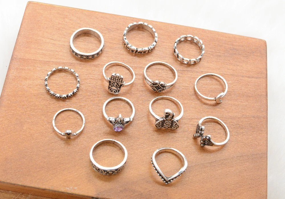 Anel Conjunto 13 Peças Prateado Vintage Cristal Azul