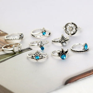 Anel Conjunto 9 Peças Prateado Vintage