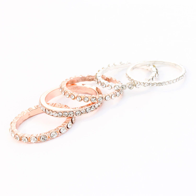 Anel Conjunto 5 Peças Dourado Prateado  Strass 16,19,22,24