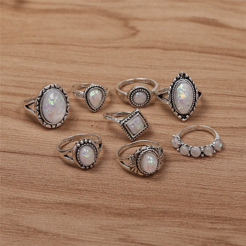 Anel Conjunto 8 Peças Prateado com Opalas  11/18