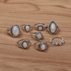 Anel Conjunto 8 Peças Prateado com Opalas  11/18