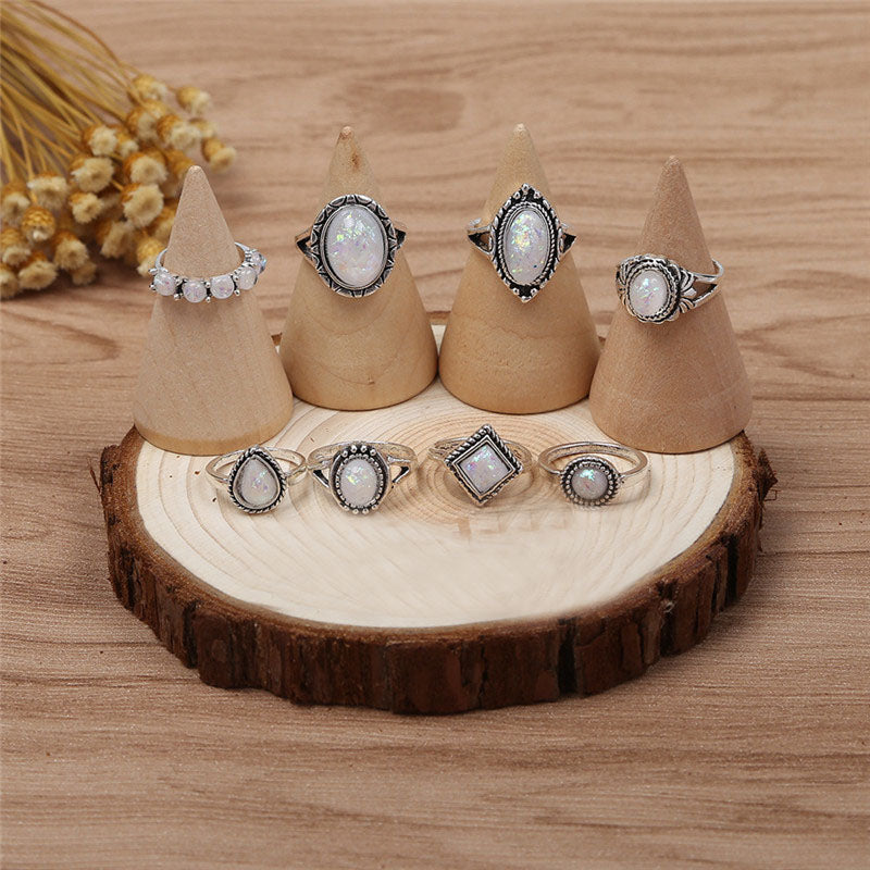 Anel Conjunto 8 Peças Prateado com Opalas  11/18