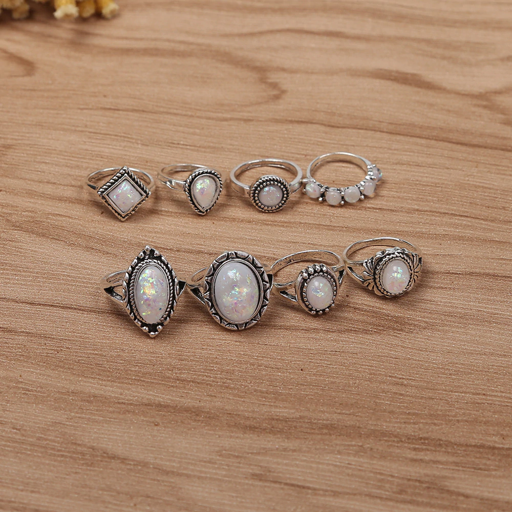 Anel Conjunto 8 Peças Prateado com Opalas  11/18